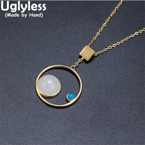 Uglyless Simple Fashion Hollow Round Jewelry Sets Women Natural Jade Turquoise Studs Earrings Necklaces Gold 925 Silver Brincos