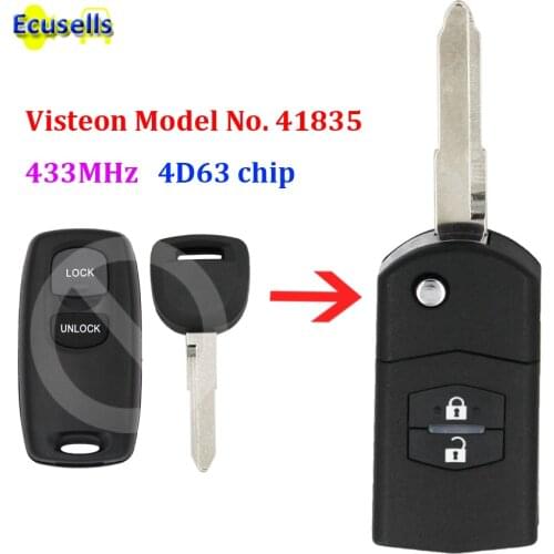 Upgraded Flip Remote Car Key Fob 2 Button 433MHz 4D63 chip for Mazda 2 3 6 323 626 MVP Visteon Model No. 41835 uncut key blade