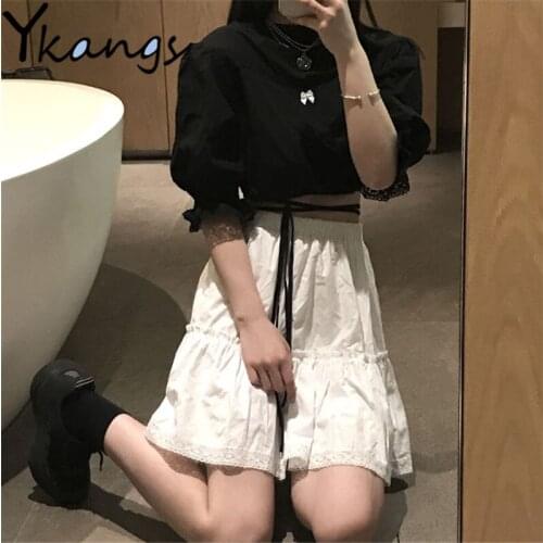 Y2k Black Solid Short Sleeve T-shirts for Women Sexy Streetwear Blouses White Lace Patchwork High Waisted Skirts Suit Students