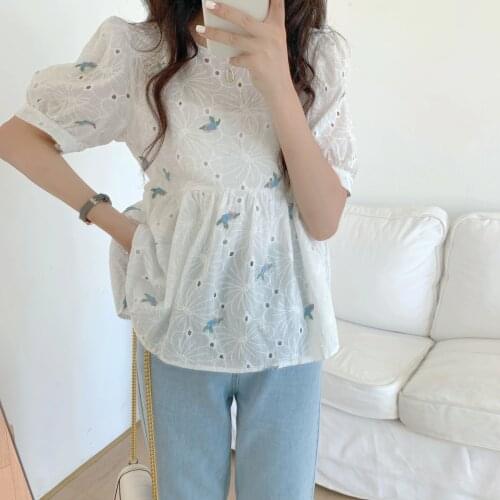 Alien Kitty Hollow Out Floral Embroidery Shirt Women 2021 New Summer Korean Style Elegant Blouses Female Short Sleeve Tops Blusa