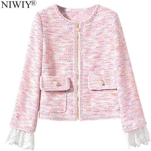 High-end Spring Pink Lace Tweed Women Jacket Abrigos Mujer Invierno 2021 Woven Zipper Bomber Jacket Casaco Feminino K9742