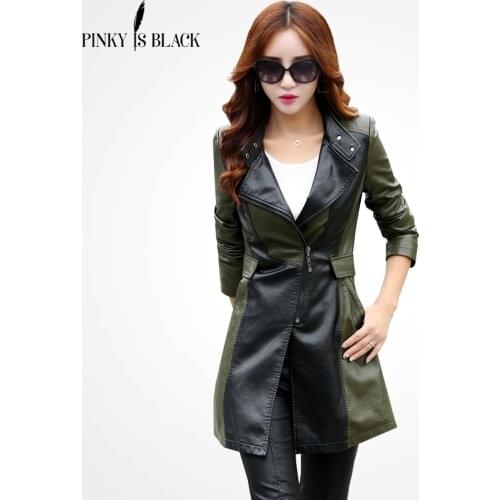 Pinky Is Black Spring And Autumn leather jacket women casual long sleeve long coat fashion plus size PU leather jacket femininas