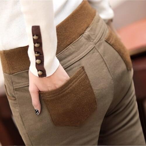 Winter warm women stretch high elastic waist casual cotton pants Plus size S-6XL thick fleece ladies patchwork pencil pants