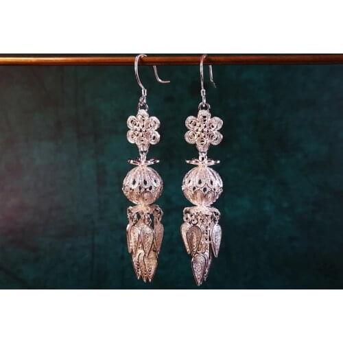 Bastiee Dangle Earrings For Women Luxury 999 Sterling Silver Jewelry Chinese Lantern Earings Hmong Handmade Ethnic Jewellery