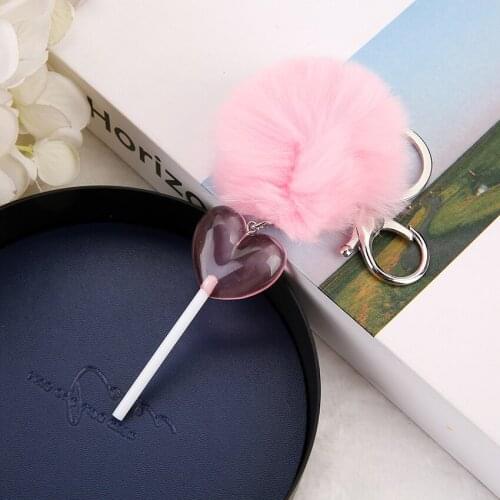 1PC Women Keychain Fasion Fur Pom Pom Flatback resin heart lollipop Charms Handbag Keyring for birthday gift