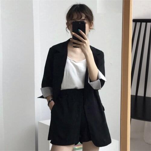 Wenfly Women Casual Blazer Two Pieces Sets Single Button Thin Outerwear Elastic Waist Short Pant Female Loose Korean