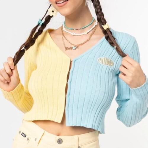 Patchwork Knitted Cardigan Solid Casual Long Sleeve Color Block Cardigans Autumn 2021 Y2k V Neck Elegant Women Crop Cardigan