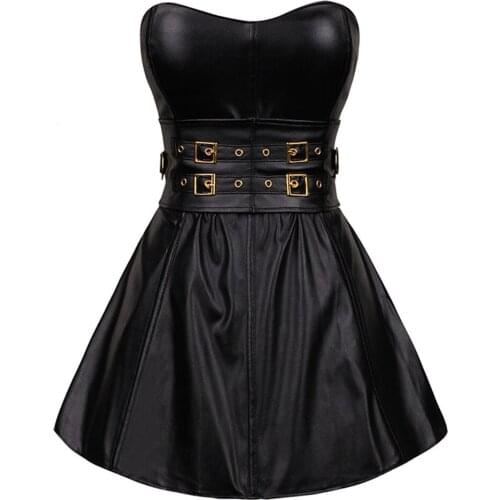 High Quality Body Shaperwear Faux Leather Corselet Dresses Women Zip Back Pole Dance Nightclub Dress With Waist Belts