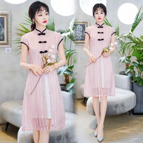 Ins M-4XL 2022 Pink Chiffon New Year Fashion Modern Cheongsam A-line Dress Women Short Sleeve Qipao Traditional Chinese Clothes