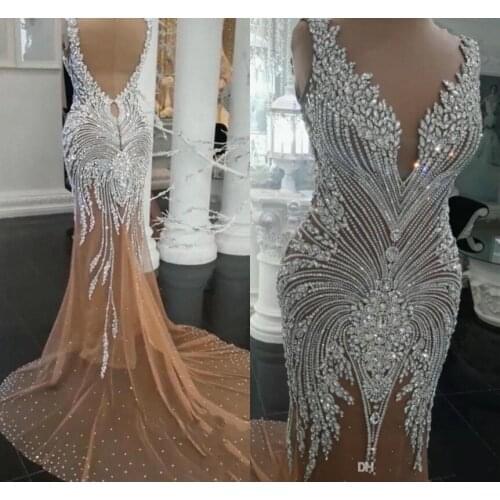 New Dubai Arabic Luxury Mermaid Wedding Dresses Beads Crystals Rhinetone Sweep Train Sparkly Champagne Bridal Gowns