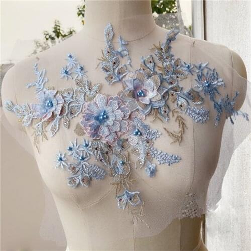 3D Blue Flower Embroidery Clothes Patches Beaded Lace Wedding Sewing Applique Bridal Sew On Clothes Dress Scrapbooking