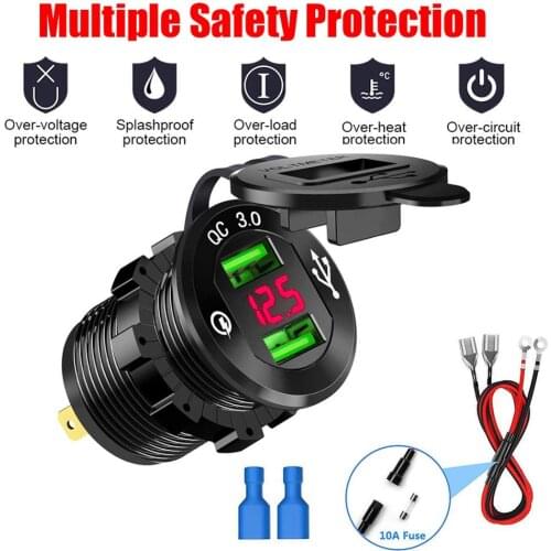 Motorcycle Dual USB QC 3.0 Car Charger Socket 12V-24V 36W Cigarette Lighter Sockets LED Voltmeter Power Plug Outlet Dropshipping