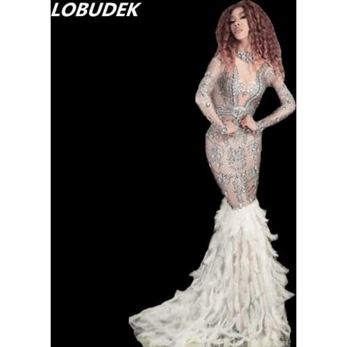 Sparkly Rhinestones White Feather Trailing Dress Sexy Lady Evening Performance Birthday Celebration One Piece Costume Long Dress