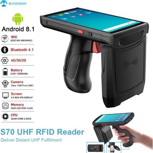 Blovedream S70 1D 2D QR Barcode Scanner PDA 4G Wifi Wireless Bluetooth Long Range 13M Mobile Android9.0 UHF RFID Handheld Reader
