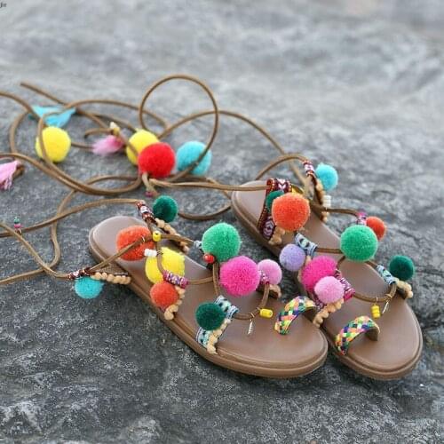 Deification Bohemian Cross Strap Summer Boots Mixed Colors Hair Ball Platform Sandals Ethnic Leather Runway Shoes Flat Sandals