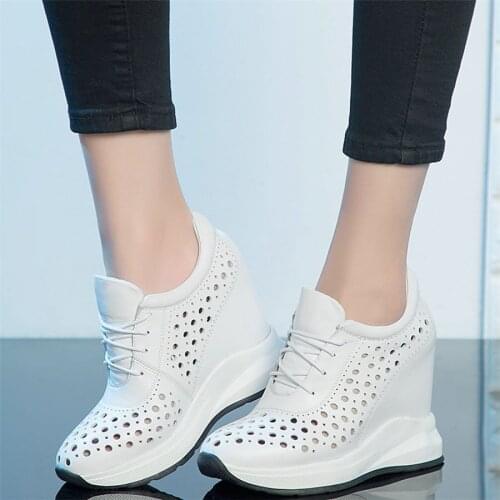 2021 Fashion Sneakers Women Genuine Leather Wedges High Heel Ankle Boots Female Breathable Round Toe Platform Pumps Casual Shoes