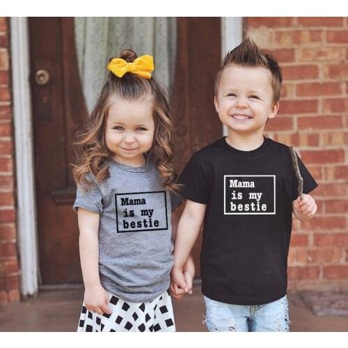 Mama Is My Bestie Print Kids Tshirt Fashion Todler Boys Girls T-shirt Short Sleeved Children Casual Letters Tees Shirts Outfit