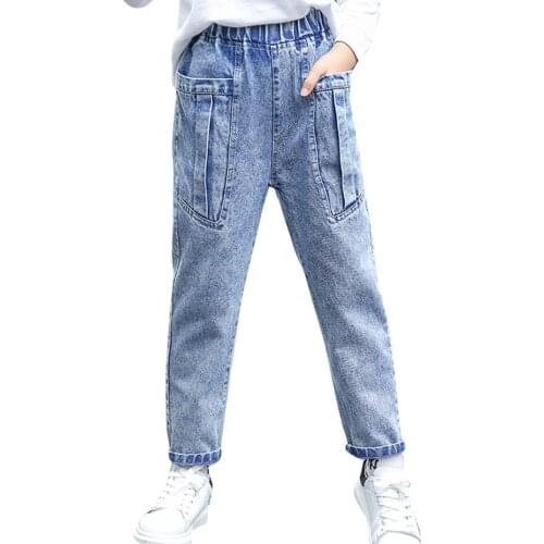 Jeans Girl Solid Color Jeans Girls Big Pocket Kids Jeans Spring Autumn Childrens Clothing 6 8 10 12 14
