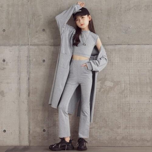 2021 Autumn Teen Girls Elegant Long Coat 3 pieces Clothes Set 10 12 years High Waist Tops Pants Fashion Children Outfits