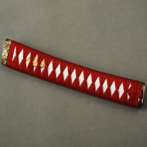 Delicate Sword Fitting Handle for Japanese Katana Straight Tsuka with Red Silk Ito Imitated White Rayskin & Alloy Fuchi Kashira