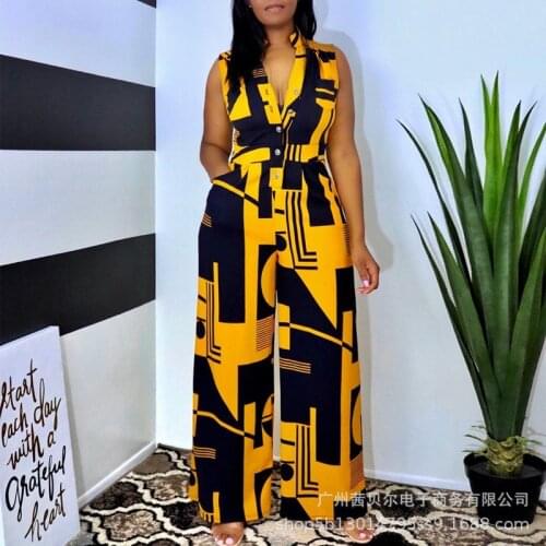 Mandylandy Wide Leg Pants Overalls Women Elegant Patchwork Loose Playsuit Ladies Casual Jumpsuit Sleeveless V Neck Print Romper