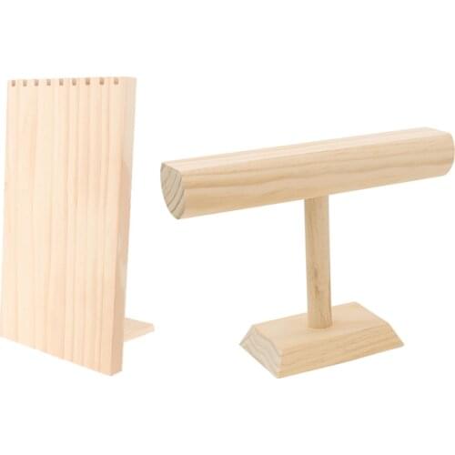 2 Pieces Natural Wood Jewelry Display Organizer Rack Holder Stand Combination, for Necklace and Bracelet Showing or Storage