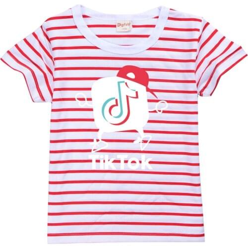 TIK TOK Cartoon Summer Kids Girls Stripe Cotton T-shirt Children Tops Tees Size 100-170 Clothing