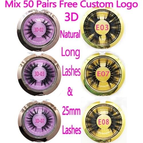 Mix 50 Pairs 3D Natural Long Lashes & 25mm Mink Eyelashes Wholesale Round Case Free Custom Packaging Makeup Mink Lashes