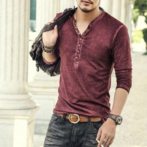 2021 New T Shirt For Men V-neck Long Sleeve Tee Tops Slim Buttons T-shirt Spring Autumn Casual Solid Male Clothes Plus Size