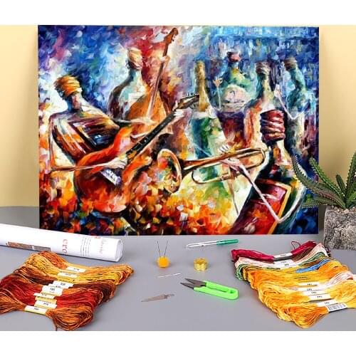 Music Bottle Printed Fabric 11CT Cross Stitch Embroidery Complete Kit DMC Threads Handicraft Sewing Painting Stamped