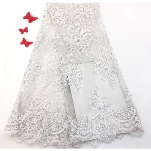 Latest African Tulle Lace Fabrics High Quality 2021 White Lace With 3D Flower French Lace Fabric With Stones And Beads RF3127