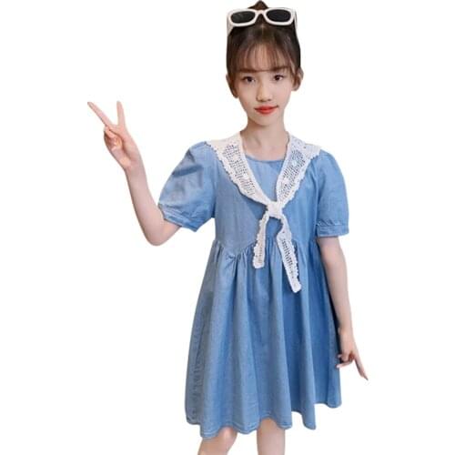 Dress Girl Lace Party Girl Denim Dress Casual Style Dress Kids Summer Girl Costume 6 8 10 12 14
