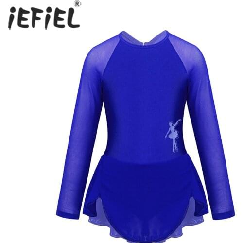 Teens Kids Figure Skating Dress Girls Long Sleeves Tulle Splice Cutouts Back Ice Skating Leotard Gymnastics Ballet Dance wear