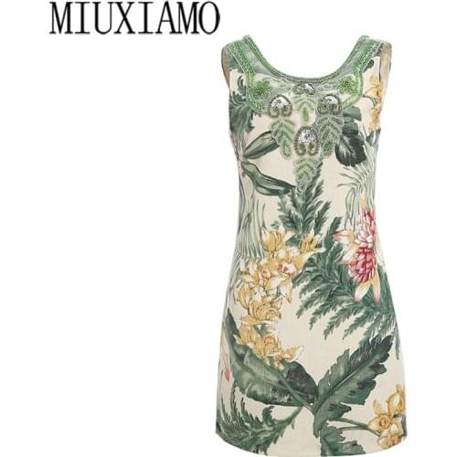 MIUXIMAO 2020 Summer Dress Newest Arrival Fashion Sleeveless Green Flower Diamonds Above Knee Tank Dress Women Vestidos