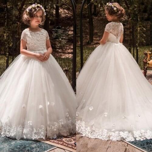 Tailor-mad White Ivory Flower Girls Dresses For Weddings Lace Appliqued Little Kids First Communion Cheap Pageant Princess Gowns