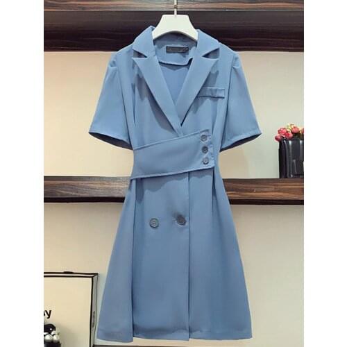 Plus size office ladies blazer dresses for women Summer short sleeve double breasted notched solid elegant black midi dresses