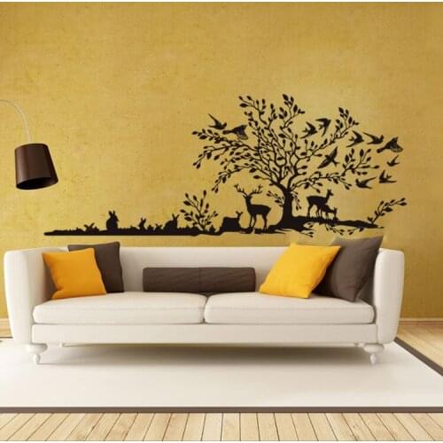 Hand Carved Family Tree Vinyl Black Flower Vine Wall Stickers Animal Jungle Wall Decals For Living Room Mural Home Decoration