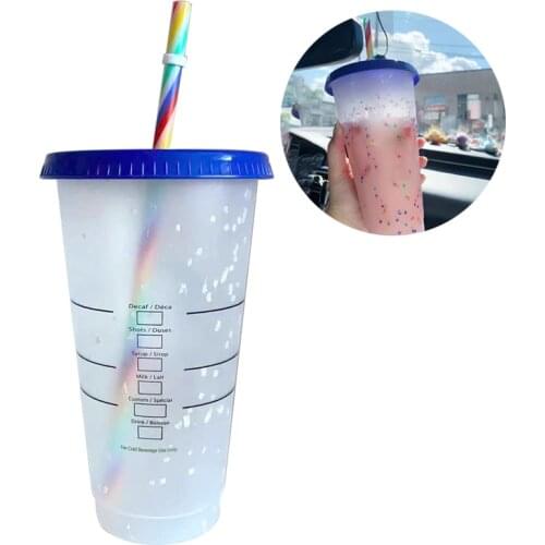 With Straws Creative Water Cups Changing Reusable Colour Cup Magical Plastic Cold Water Color Changing Cup Tumbler Discoloration