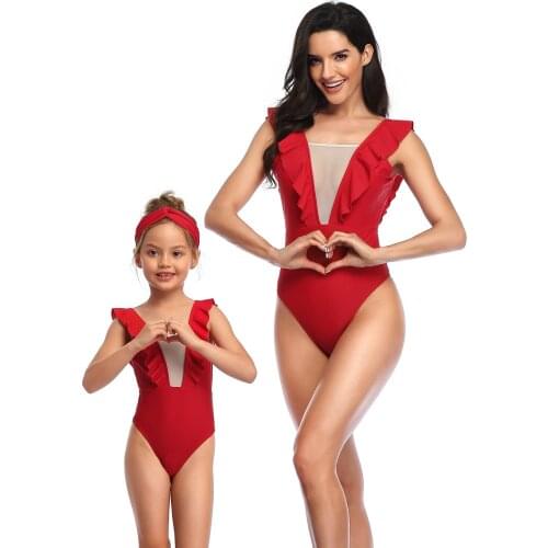 Mom-Daughter Swimming Bodysuit Sexy V-neck Ruffles Parent-child Romper Sleeveless Backless Tight One Piece for Girls/ Women