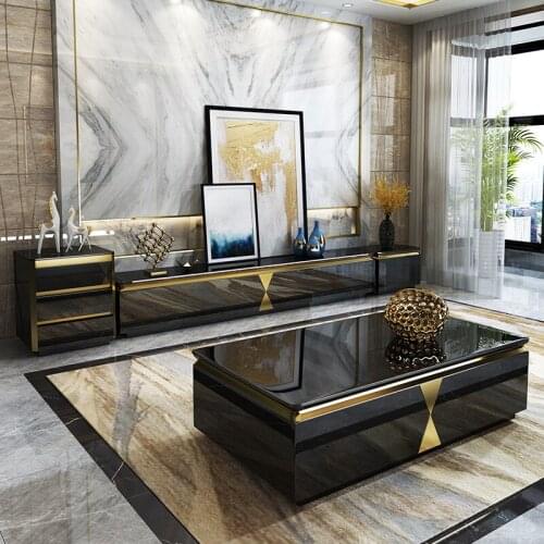Light luxury tea table TV cabinet combination simple stainless steel toughened glass black tea table