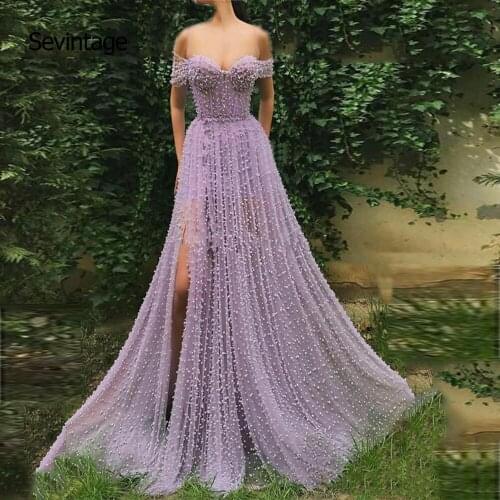 Sevintage Lavender Dubai Saudi Arabic Evening Dresses Off The Shoulder Tulle Pearls Muslim Long Formal Prom Gown vestido