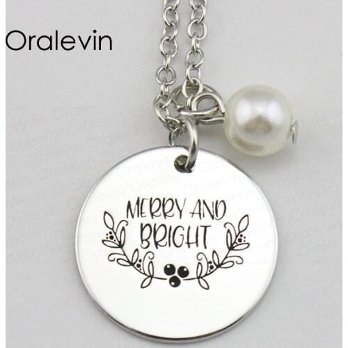 MERRY AND BRIGHT Inspirational Hand Stamped Engraved Accessories Custom Charms Pendant Necklace Gift Jewelry,10Pcs/Lot, #LN1695