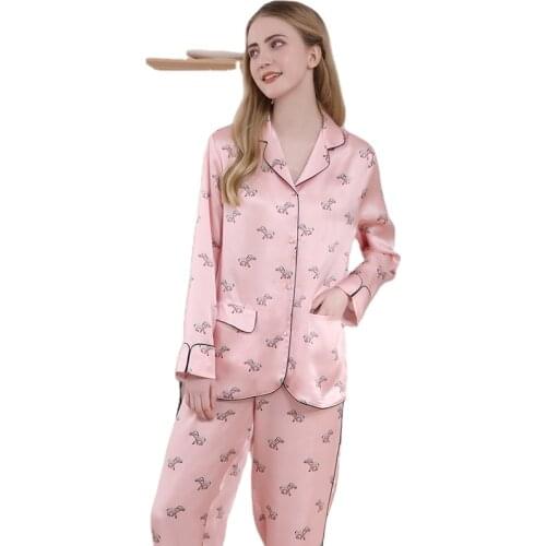 16mm Spring and summer silk pajamas womens suit 100% silk light and comfortable lapel pocket silk home service