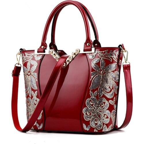 High-Quality Patent Leather Embroidery Flowers Ladies Shoulder Bag European and American Large-Capacity Handbags