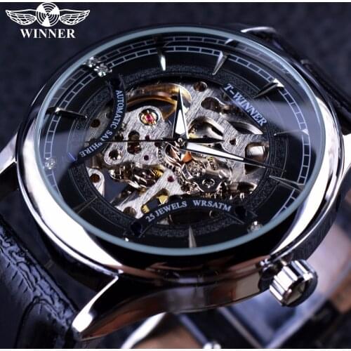 Winner Stylish Casual Skeleton Design Mens Watch Top Brand Luxury Transparent Case Black Silver Dial Mechanical Watch Male Clock