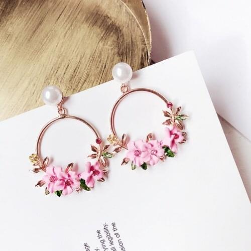 Cute Pink Crystal Flower Big Round Circle Drop Earrings Charm Simulated Pearl Earring Women Wedding Party Jewelry Pendientes