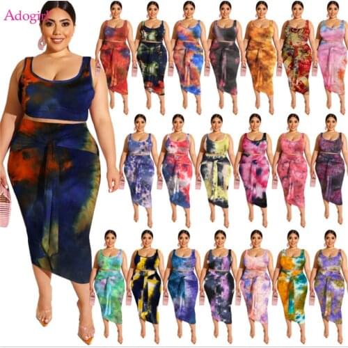Adogirl XL-5XL Plus Size Women Tie Dye Print Two Piece Set Dress Cropped Tank Top Lace Up Bodycon Midi Skirt