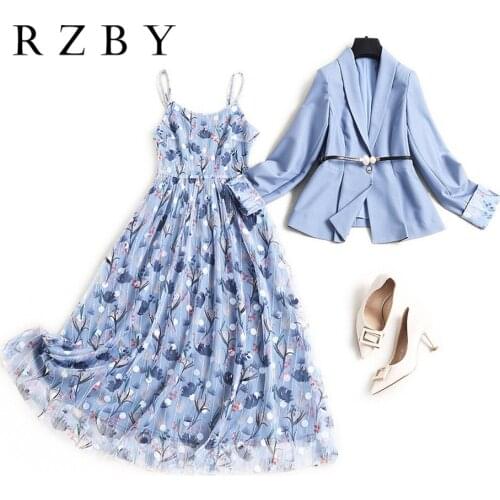 2021 New Spring Arrival Ladies High-quality boutique suit skirt Embroidered mesh suspender skirt Two-piece suit RZBY399