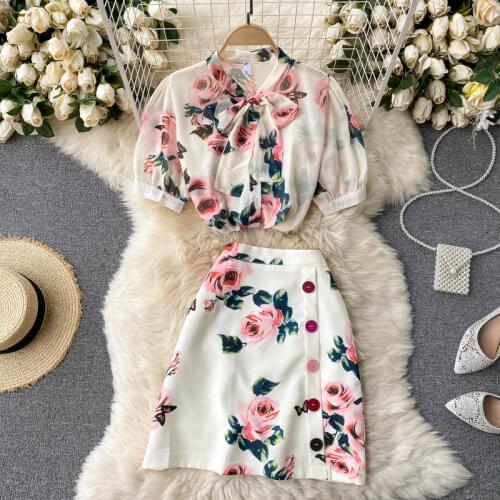 Womens suit skirt 2021 new fashion womens printed bow tie chiffon shirt and all-match high-waist skirt 2-piece set