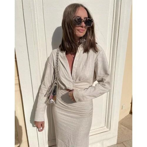 2021 Summer Women gray TurnDown Collar Long sleeve slim short shirt Female Side Slit Folds skirt Ladies casual Two pieces set